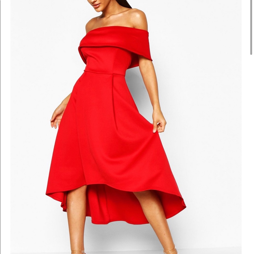 Red off the shoulder dress. High low hem size 4